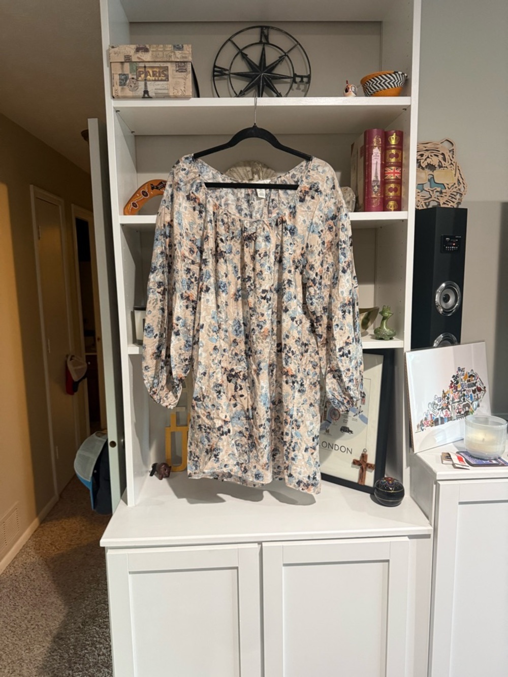 H&M Floral Long Sleeve Tunic Dress in Beige, Blue and Brown
